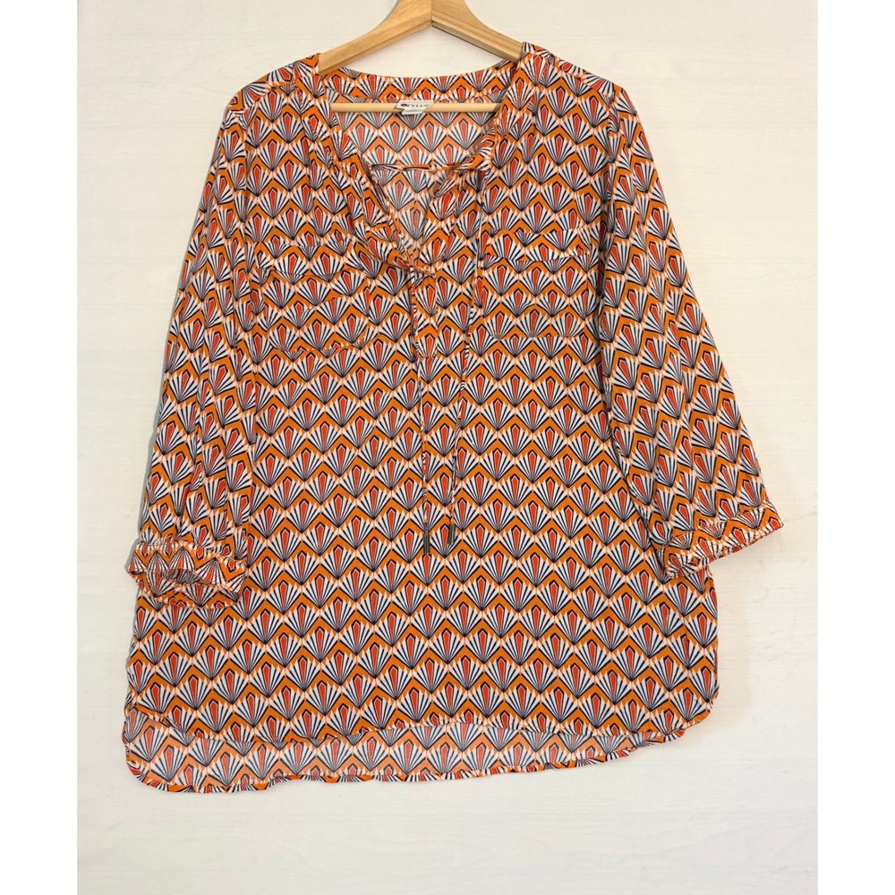 Stylus Orange‎ Navy Geometric Fan Print Boho Tunic Top XL Tall XLT 3/4 Sleeve